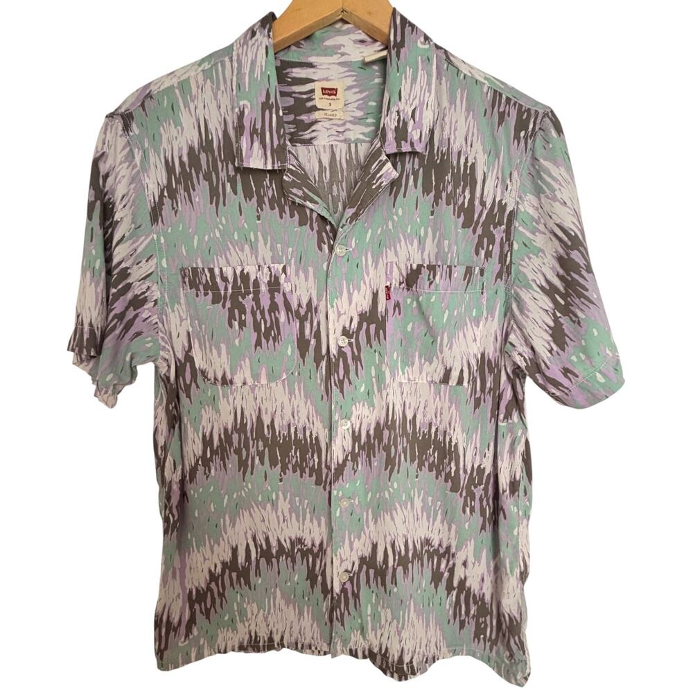 Levi's Men's Small Relaxed Mint Gray Abstract Print Short Sleeve Camp Shirt